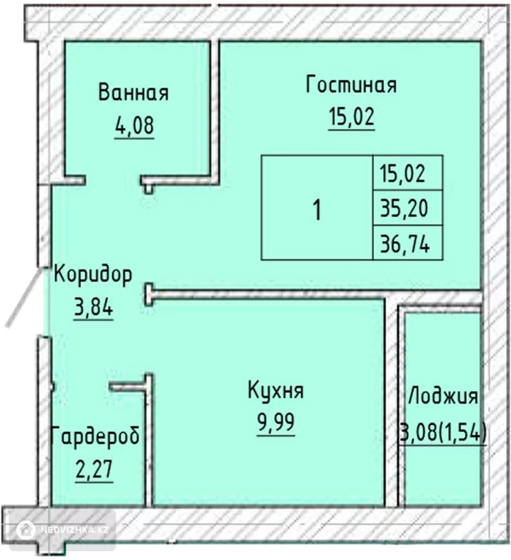 36 м², 1-комнатная квартира, этаж 9 из 9, 36 м², изображение - 1