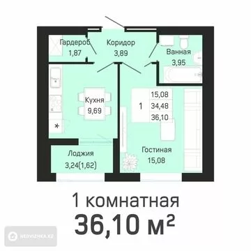36 м², 1-комнатная квартира, этаж 8 из 9, 36 м², изображение - 1