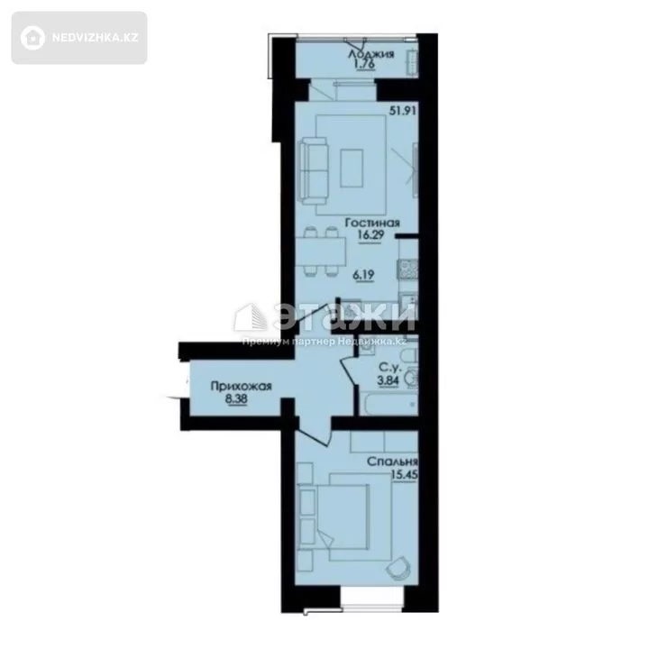 51.9 м², 2-комнатная квартира, этаж 9 из 9, 52 м², изображение - 1