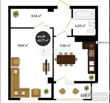 45.8 м², 1-комнатная квартира, этаж 11 из 13, 46 м², изображение - 15