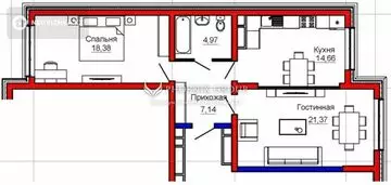 66.6 м², 2-комнатная квартира, этаж 6 из 7, 67 м², изображение - 2