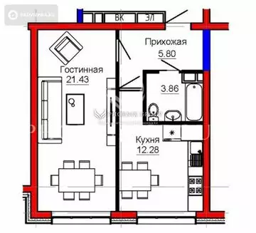 43.1 м², 1-комнатная квартира, этаж 2 из 6, 43 м², изображение - 6