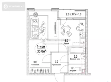 1-комнатная квартира, этаж 3 из 9, 35 м²