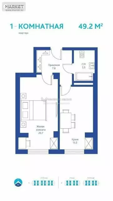 1-комнатная квартира, этаж 10 из 12, 49 м²