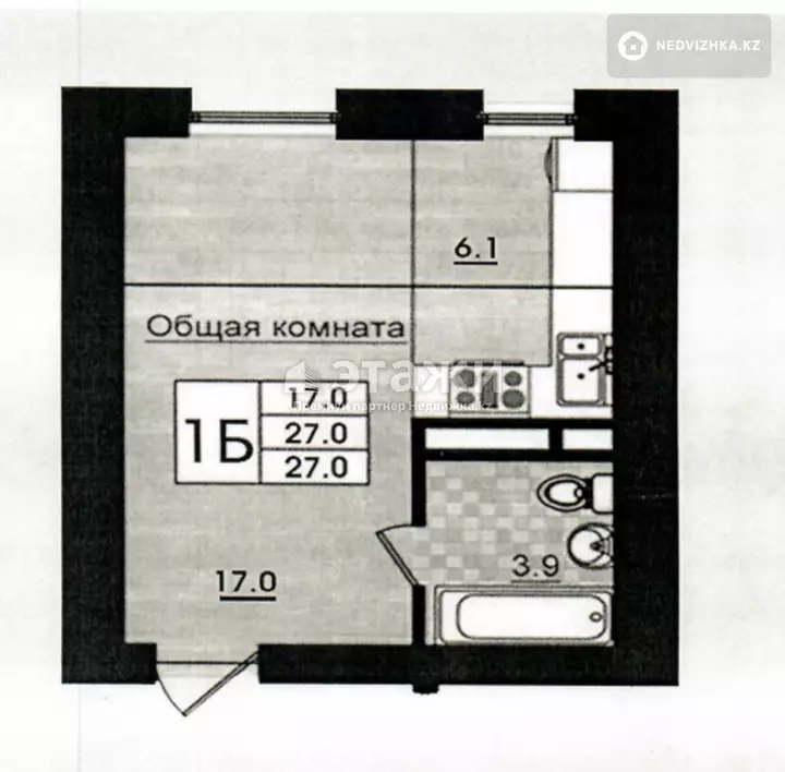 27 м², 1-комнатная квартира, этаж 3 из 3, 27 м², изображение - 1