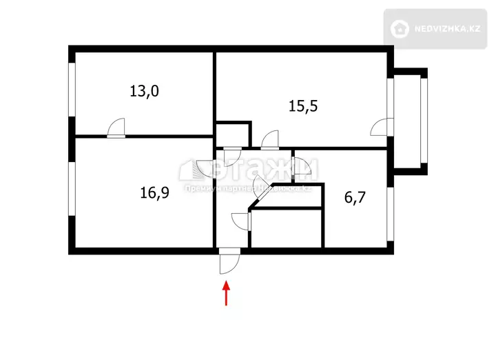 59.9 м², 3-комнатная квартира, этаж 4 из 5, 60 м², изображение - 1