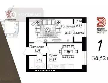 1-комнатная квартира, этаж 2 из 4, 39 м²