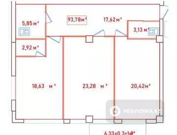 3-комнатная квартира, этаж 1 из 3, 93 м²