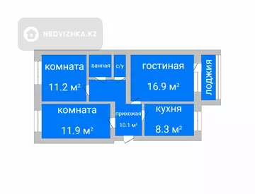 3-комнатная квартира, этаж 6 из 6, 62 м²