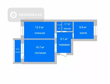 2-комнатная квартира, этаж 1 из 6, 52 м²