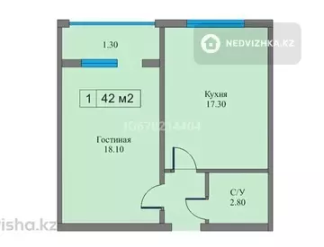 1-комнатная квартира, этаж 3 из 8, 44 м²