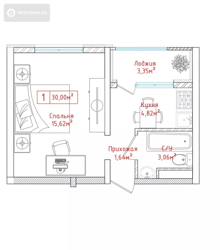 30 м², 1-комнатная квартира, этаж 3 из 9, 30 м², изображение - 1