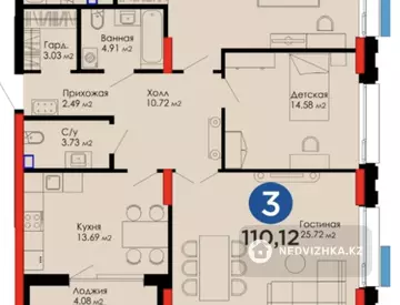 3-комнатная квартира, этаж 2 из 9, 111 м²