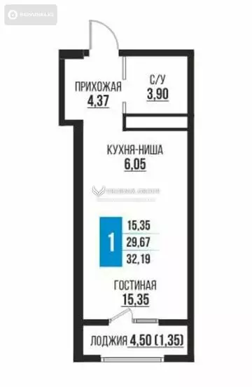 1-комнатная квартира, этаж 3 из 7, 32 м²