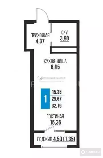 1-комнатная квартира, этаж 8 из 9, 32 м²