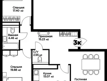 3-комнатная квартира, этаж 7, 96 м²