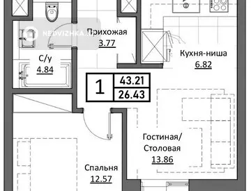 1-комнатная квартира, этаж 12 из 17, 44 м²