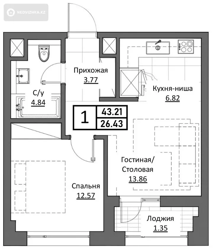 44 м², 1-комнатная квартира, этаж 12 из 17, 44 м², изображение - 1