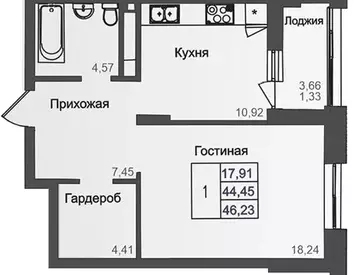 1-комнатная квартира, 46 м²