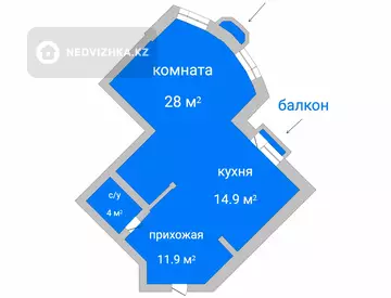 1-комнатная квартира, этаж 4 из 9, 59 м²