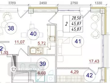 1-комнатная квартира, этаж 3 из 3, 46 м²