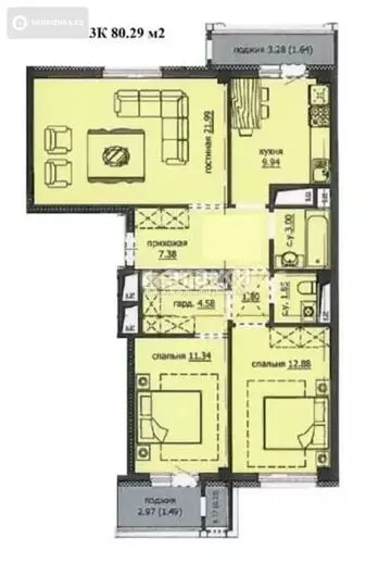 80.29 м², 3-комнатная квартира, этаж 5 из 7, 80 м², изображение - 0