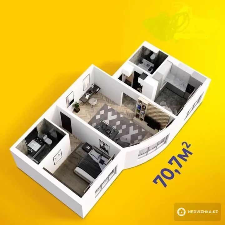 70.2 м², 2-комнатная квартира, этаж 6 из 10, 70 м², изображение - 1