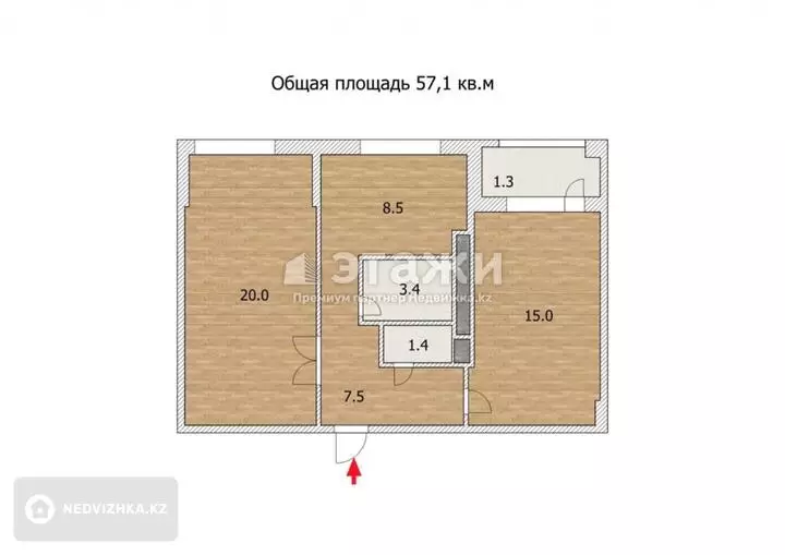 56 м², 2-комнатная квартира, этаж 12 из 12, 56 м², изображение - 1