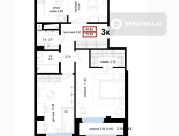 3-комнатная квартира, этаж 7 из 9, 76 м²