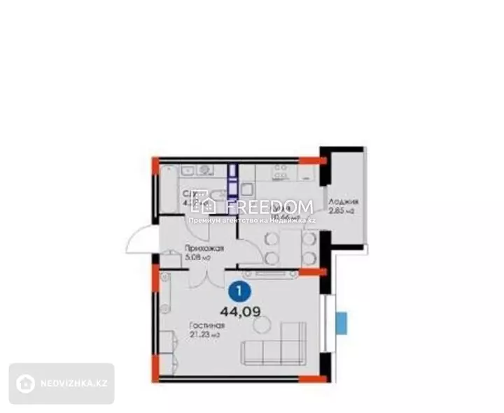 44 м², 1-комнатная квартира, этаж 4 из 8, 44 м², изображение - 1