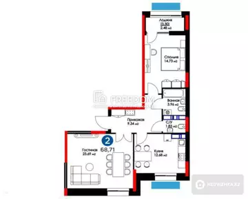 69.53 м², 2-комнатная квартира, этаж 8 из 14, 70 м², изображение - 2