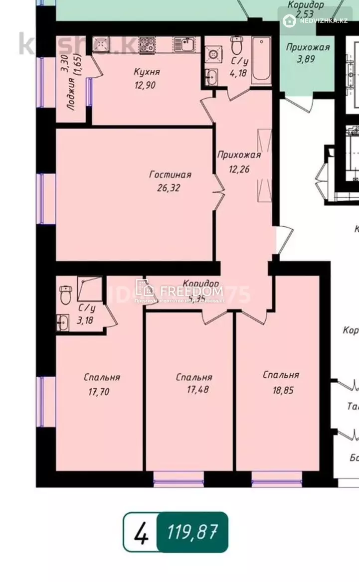 119.87 м², 4-комнатная квартира, этаж 9 из 12, 120 м², изображение - 1