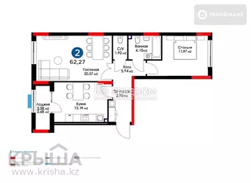 63 м², 2-комнатная квартира, этаж 10 из 12, 63 м², изображение - 2