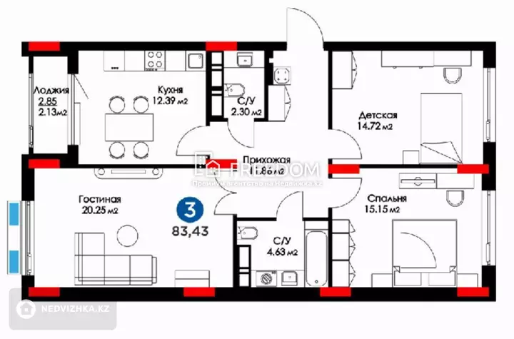 84 м², 3-комнатная квартира, этаж 16 из 16, 84 м², изображение - 1