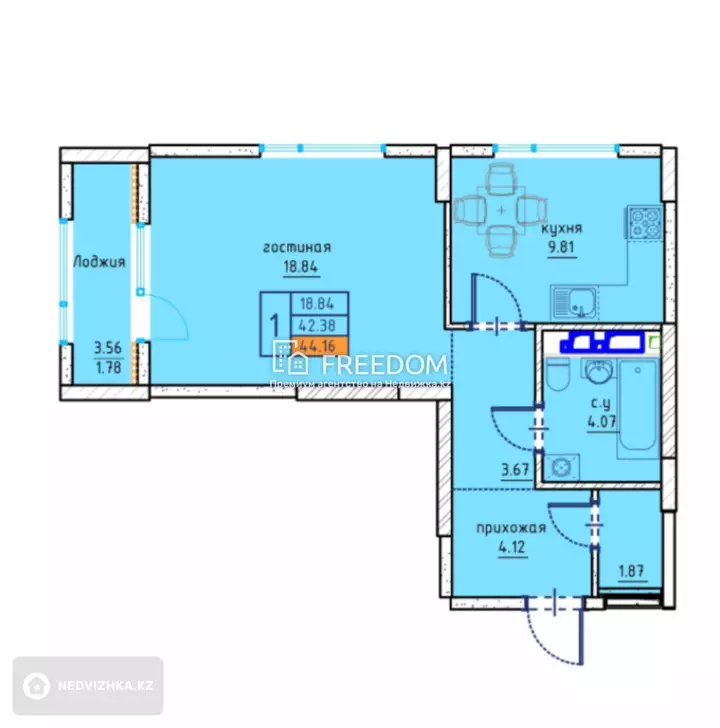 44 м², 1-комнатная квартира, этаж 4 из 17, 44 м², изображение - 1