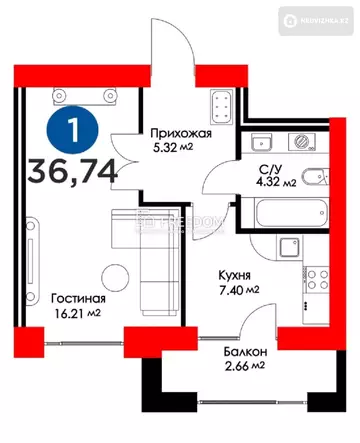 1-комнатная квартира, этаж 8 из 9, 37 м²