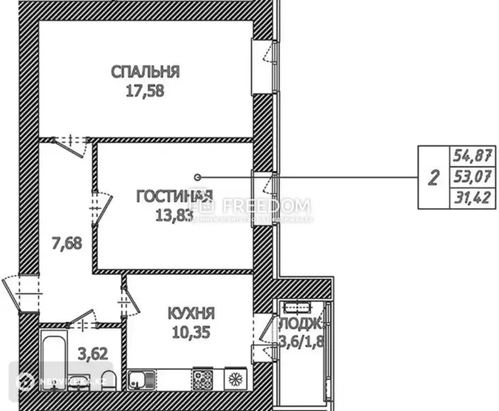 54.87 м², 2-комнатная квартира, этаж 7 из 12, 55 м², изображение - 1