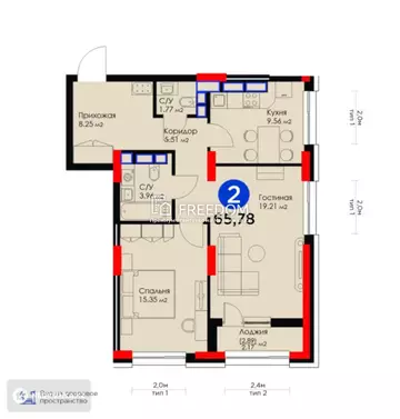 66 м², 2-комнатная квартира, этаж 18 из 20, 66 м², изображение - 2