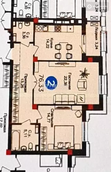 76.33 м², 2-комнатная квартира, этаж 3 из 9, 76 м², изображение - 33