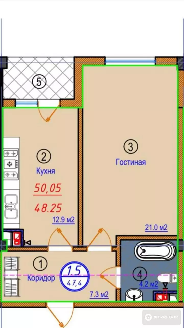 50 м², 2-комнатная квартира, этаж 4 из 5, 50 м², изображение - 1