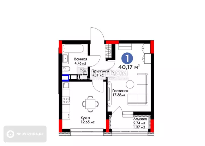 40 м², 1-комнатная квартира, этаж 13 из 16, 40 м², изображение - 1