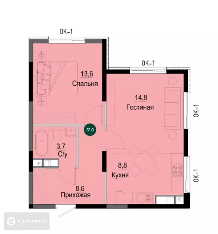 51 м², 2-комнатная квартира, этаж 15 из 15, 51 м², изображение - 1