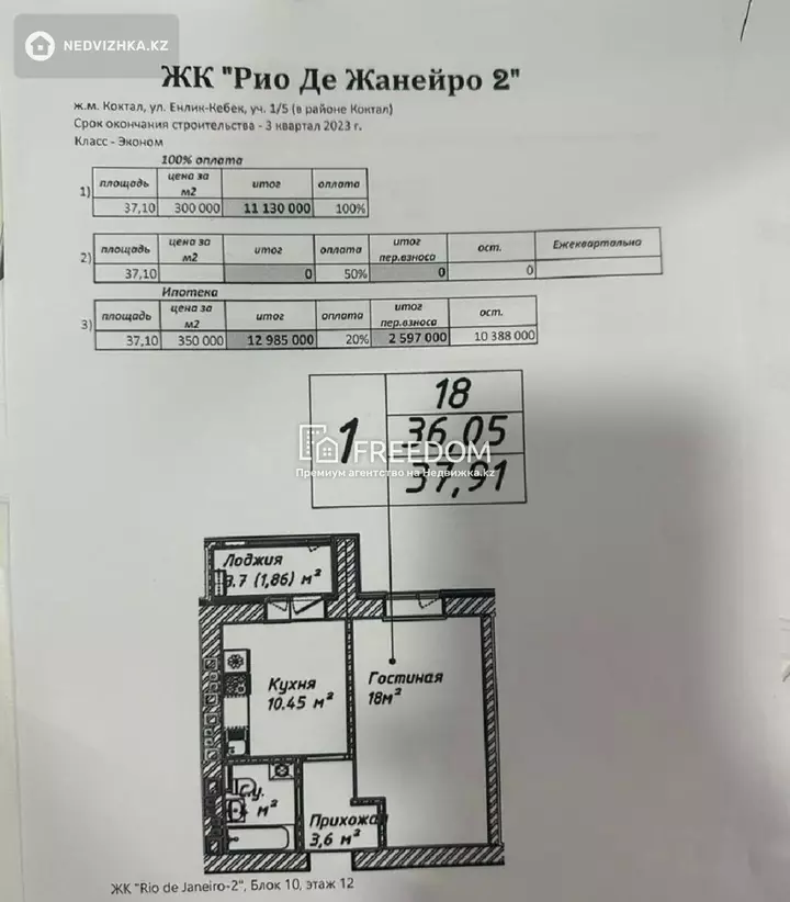 37 м², 1-комнатная квартира, этаж 12 из 12, 37 м², изображение - 1