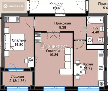 62.53 м², 2-комнатная квартира, этаж 6 из 8, 63 м², изображение - 5