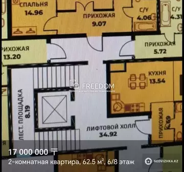 62.53 м², 2-комнатная квартира, этаж 6 из 8, 63 м², изображение - 6