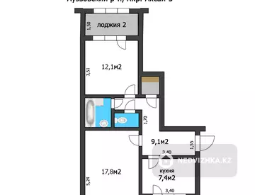 2-комнатная квартира, этаж 3 из 5, 55 м²