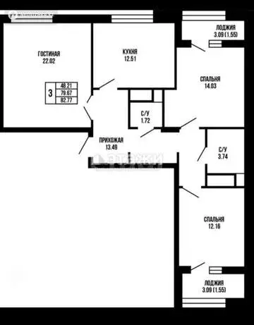 82.77 м², 3-комнатная квартира, этаж 4 из 9, 83 м², изображение - 6