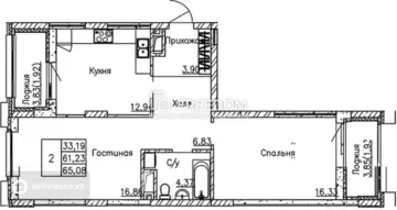 2-комнатная квартира, этаж 9 из 9, 66 м²