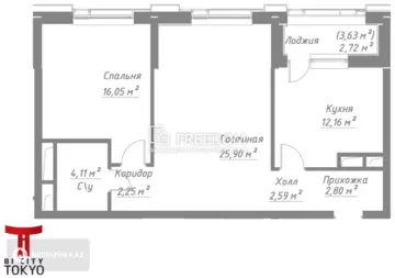 2-комнатная квартира, этаж 4 из 11, 66 м²