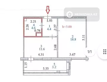 1-комнатная квартира, этаж 2 из 9, 43 м²